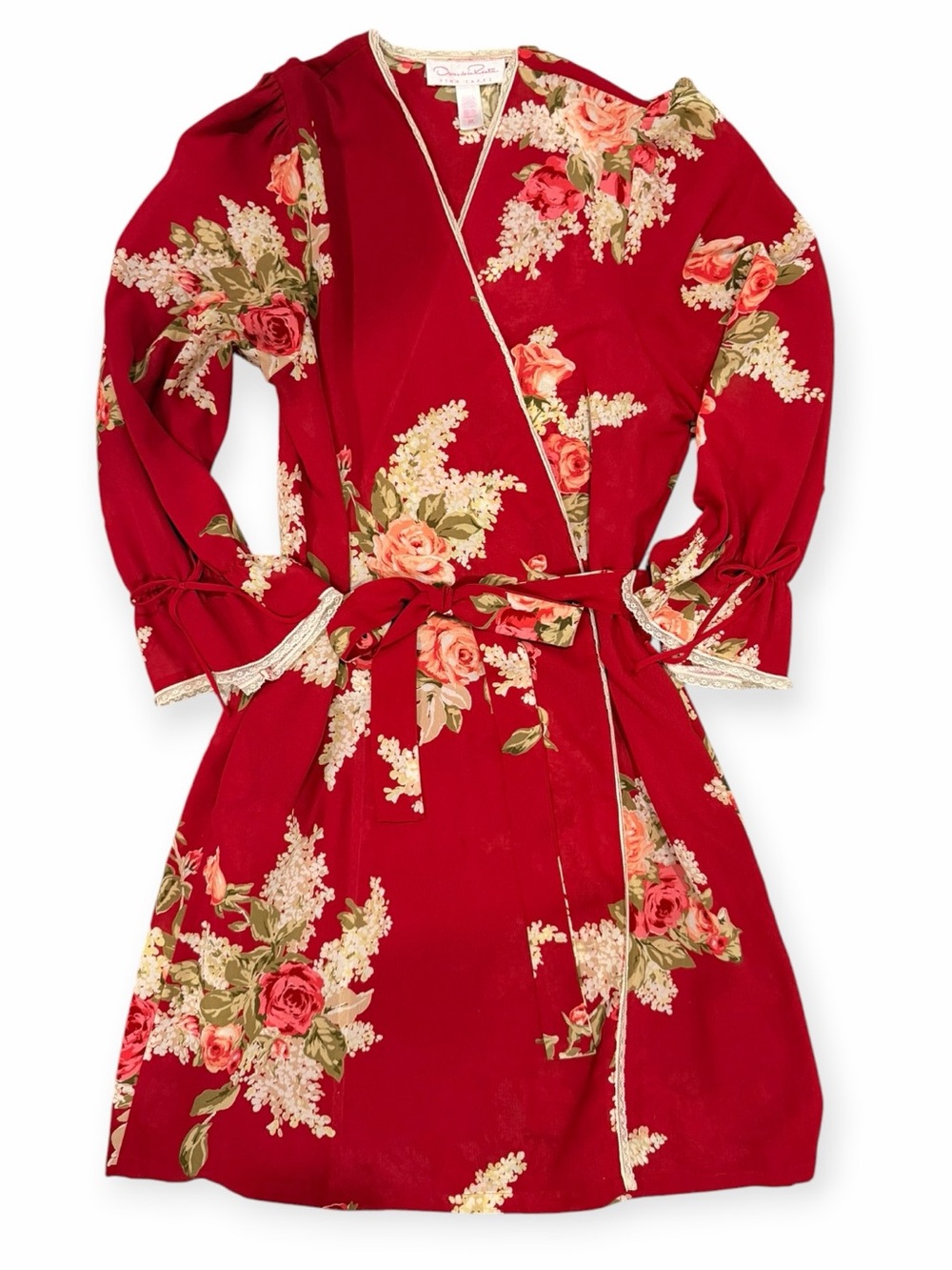 Oscar de la Renta Pink Label Red Floral Wrap Robe Lace Trim Size M
